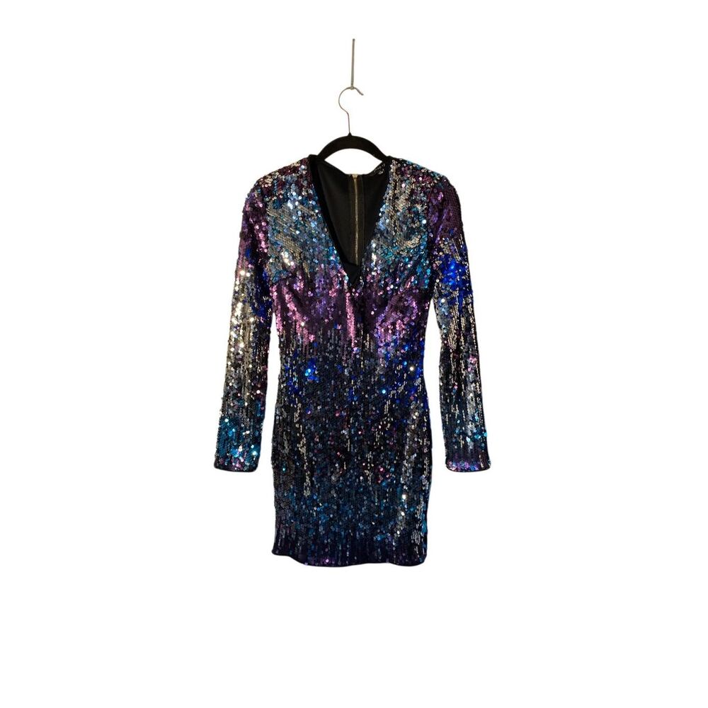 Shop 17 women’s sequin, long sleeve, blue purple, silver body con dress S
